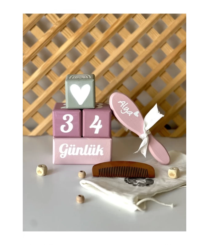 mogokids Renkli isimli bebek anı küpü seti ve fotoğraf çekim,Dekor için set doğal keçi kılı fırça şimşir tarak