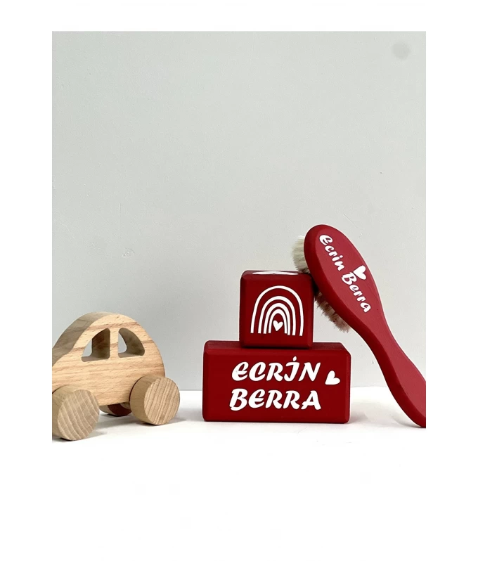  İsim küpü ,sembol küp ve bebek saç fırçası renkli 3lü set