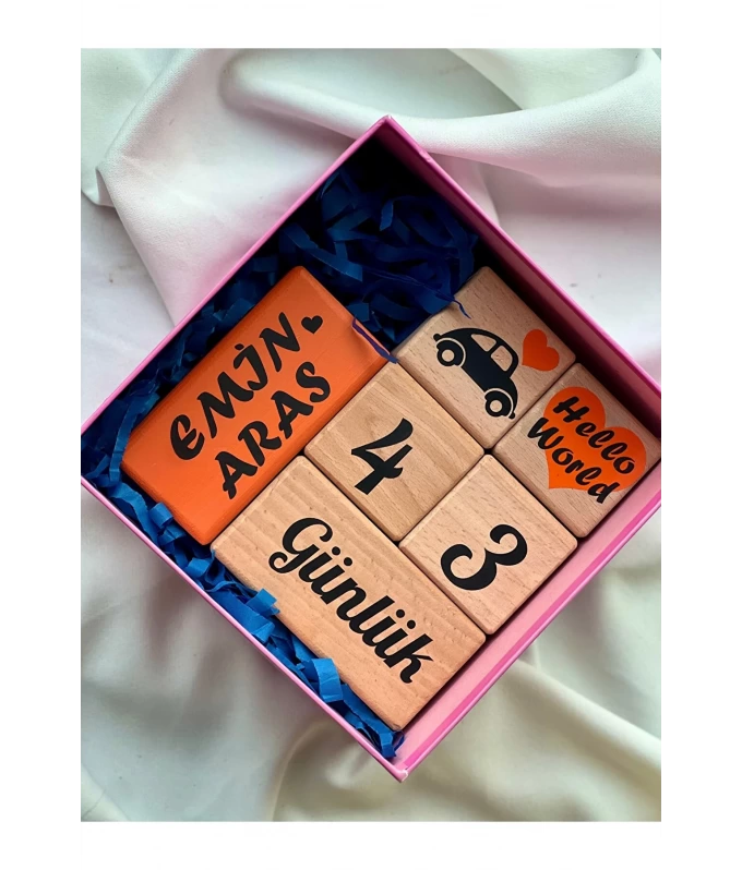 mogokids Turuncu siyah yazılı bebek hediyelik seti bebeğe özel anı küpü seti