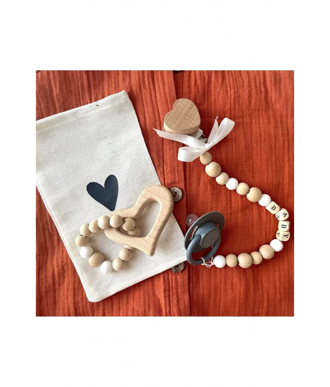 Doğal ahşap boncuk silikon boncuklu emzik askısı emzik askısı kesesi ve diş kaşıyıcı set