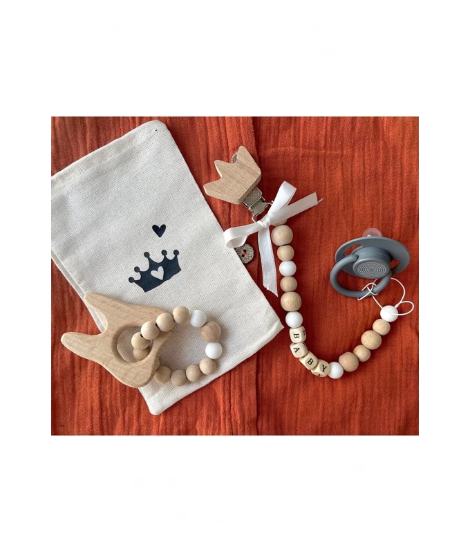 Doğal ahşap boncuk silikon boncuklu emzik askısı emzik askısı kesesi ve diş kaşıyıcı set