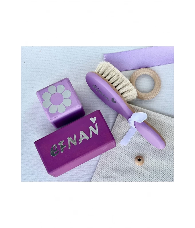 Mor gri gümüş yazılı Anne bebek anı küpü seti