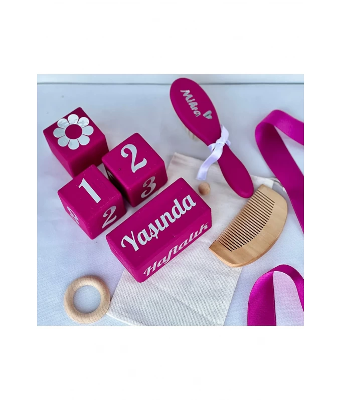 Fuşya Gümüş Yazılı Anne Bebek Anı Küpü Dekor ve Fotoğraf Çekimi