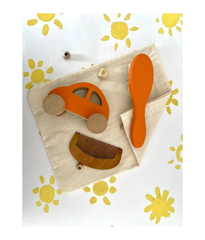 Bebek saç fırçası ve dekor araba 3lü set turuncu