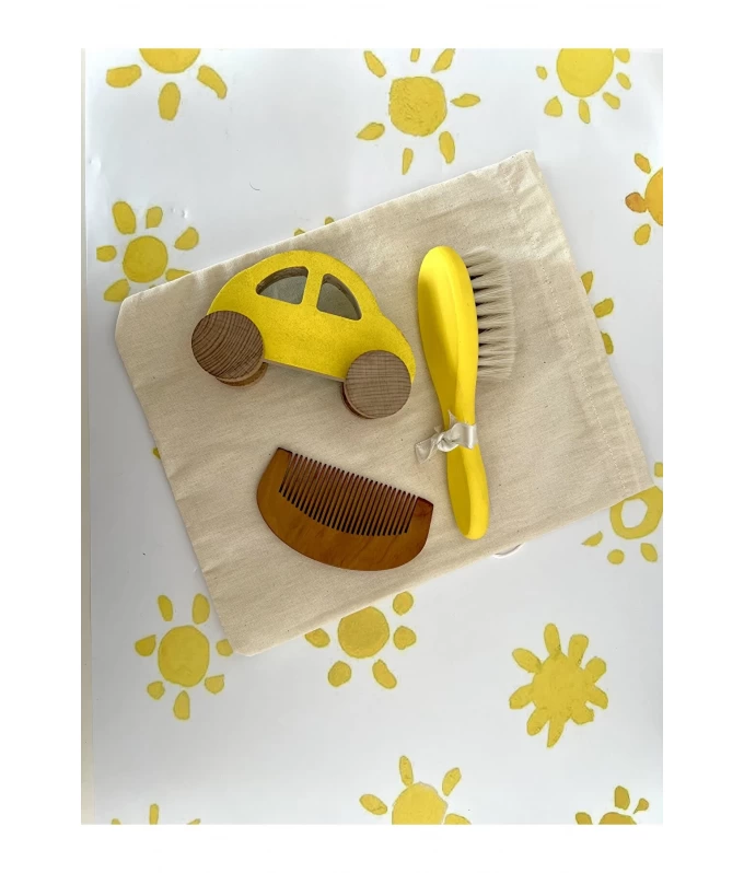 Bebek saç fırçası ve dekor araba 3lü set sarı