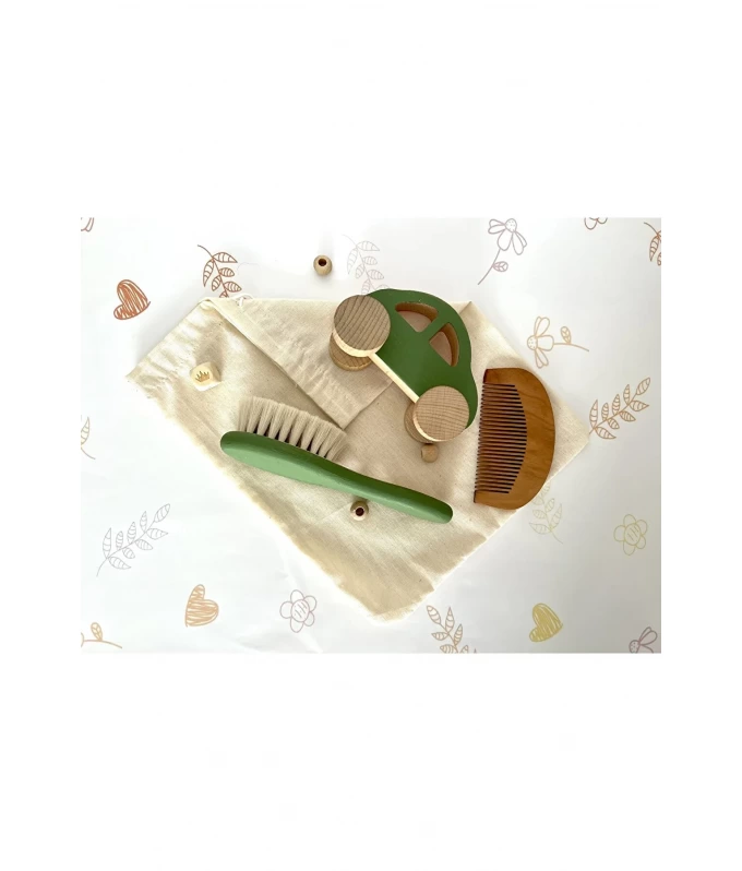 Bebek saç fırçası ve dekor araba 3lü set yeşil