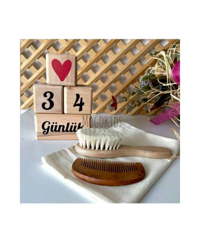 Ahşap Anne Bebek Anı Küpleri ve %100 Doğal Keçi Kılı Bebek Tarak seti
