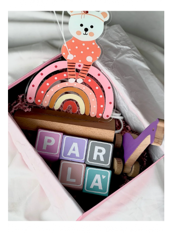 Bebek çocuk masa lambası ahşap oyuncak ve bebek isim küpü renkli set