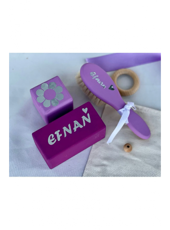 Mor gri gümüş yazılı Anne bebek anı küpü seti