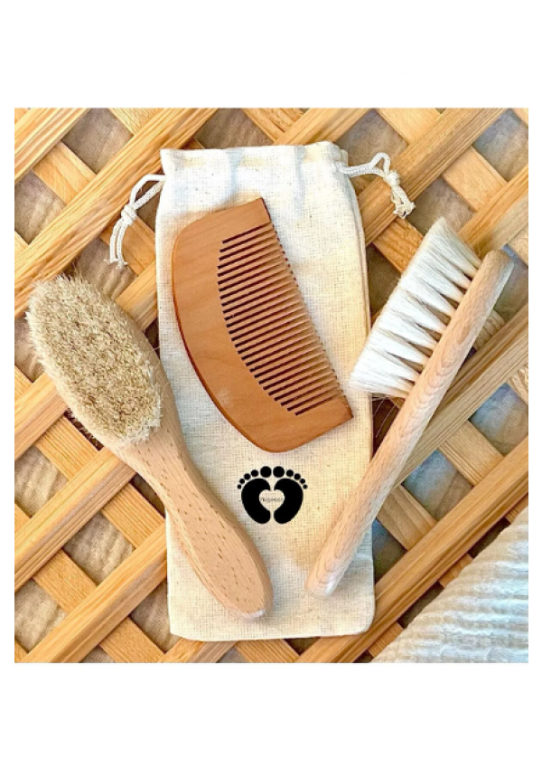  Keçi Kılı Doğal Bebek Saç Fırçası ve Doğal Ahşap Tarak 2li set
