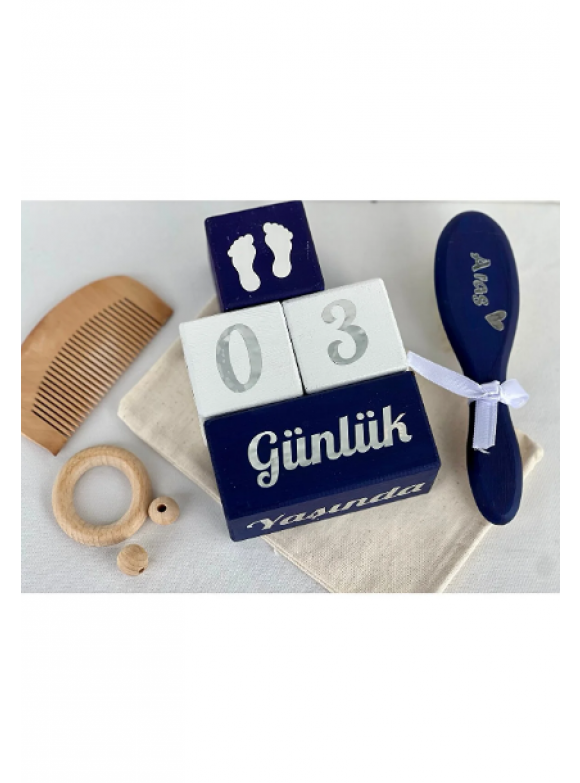 mogokids Gümüş yazılı lacivert beyaz Anne bebek anı küpü tam set 6 parça taraklı set